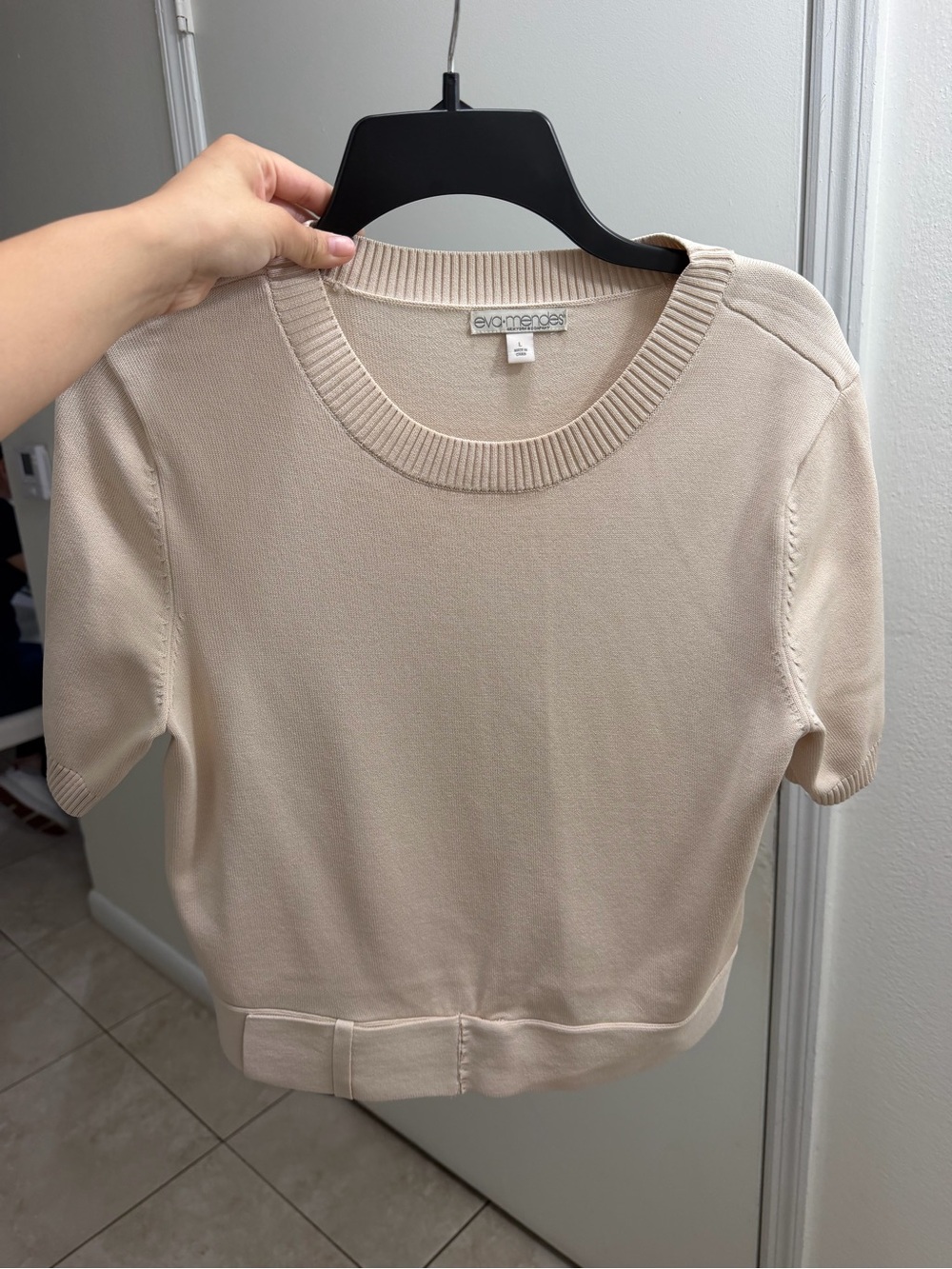 eva mendes for New York & Company Cream Short-Sleeve Crewneck Sweater